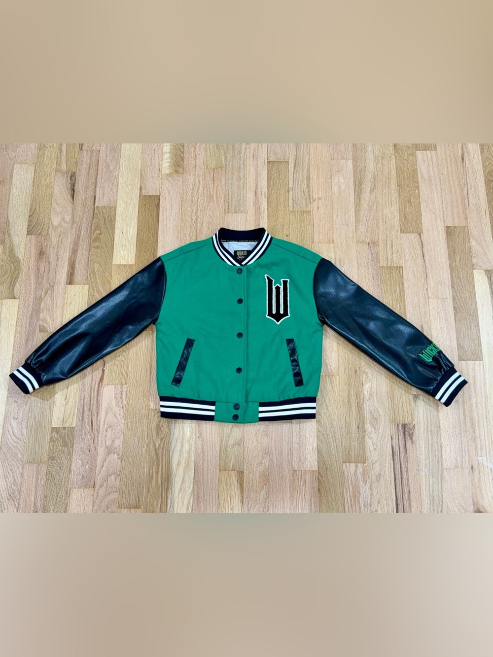 Wicked x Justice Girls Varsity Bomber Jacket Green Black S 7/8